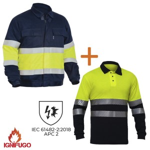 CONJUNTO IGNÍFUGO CLASE 2 ARCO ELÉCTRICO. CAZADORA SARECO AV + POLO SAREMO AV BANDAS SEGMENTADAS